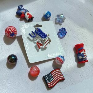 USA Patriotic Brooch Pin & Craft Bead Bundle, American Flag Jewelry, DIY Crafts